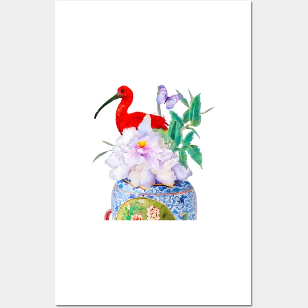 Red ibis and chinoiserie jar Wall Art by SophieClimaArt